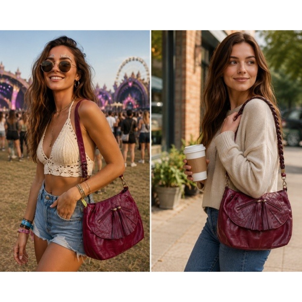 Bueno Burgundy Faux Leather Tassel Hobo Bag Braided Strap Boho Shoulder Bag